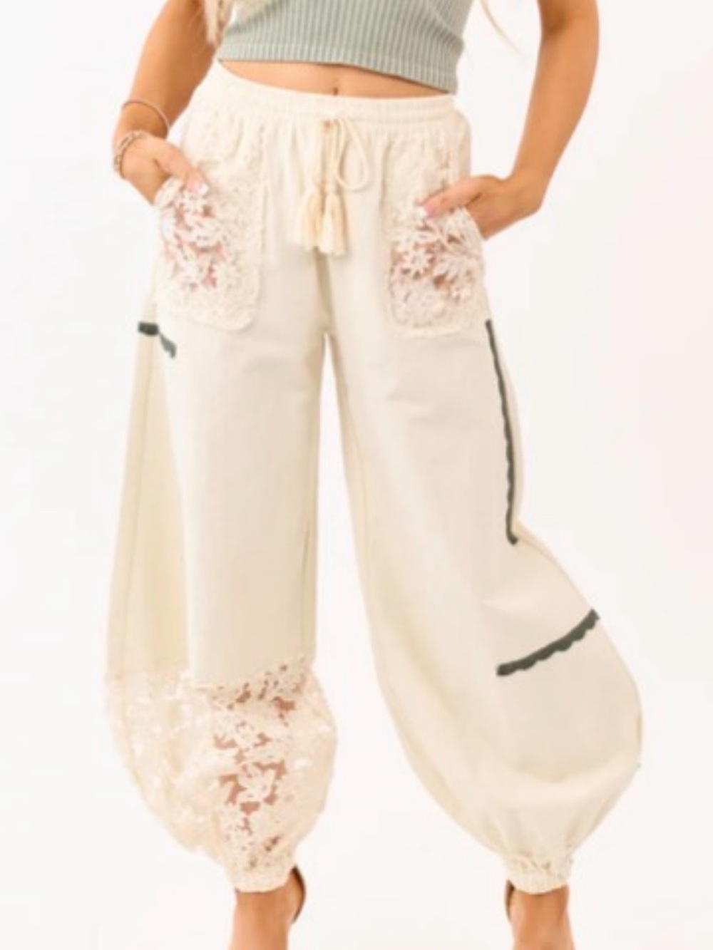 Cream Lace-Trim Drawstring Balloon Pants Mello SML multiple sizes